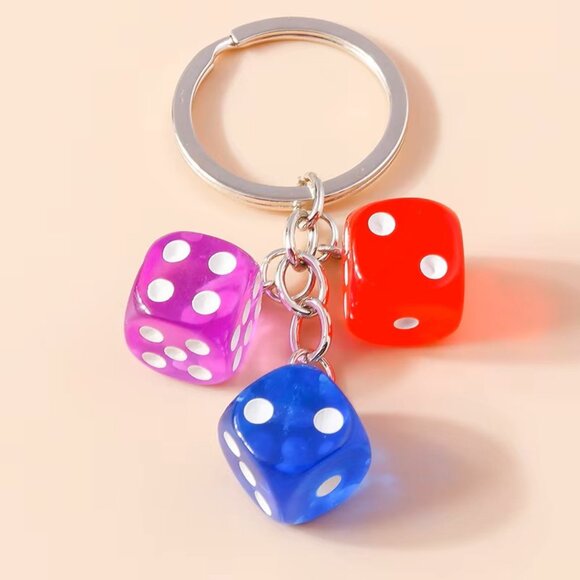 Red, Blue, Purple Lucky Dice Keychain with 3 Dice Charms Fun Novelty Gift - Picture 3 of 6